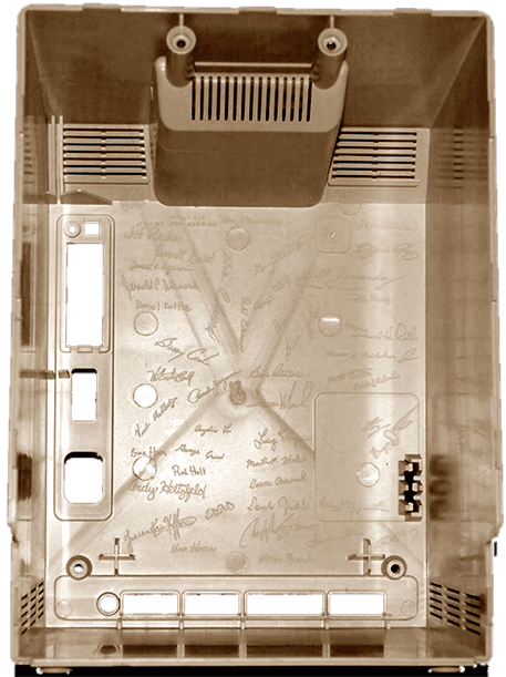 Inside of an original Macintosh case engraved with the team's signatures